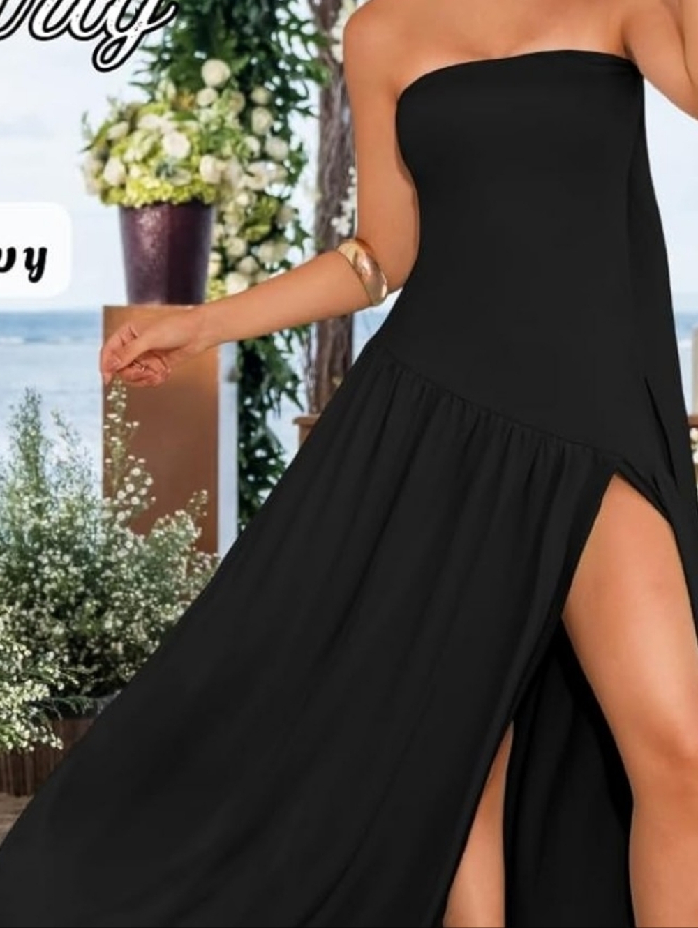 Chic Strapless Black Maxi Dress with High Side Slit
